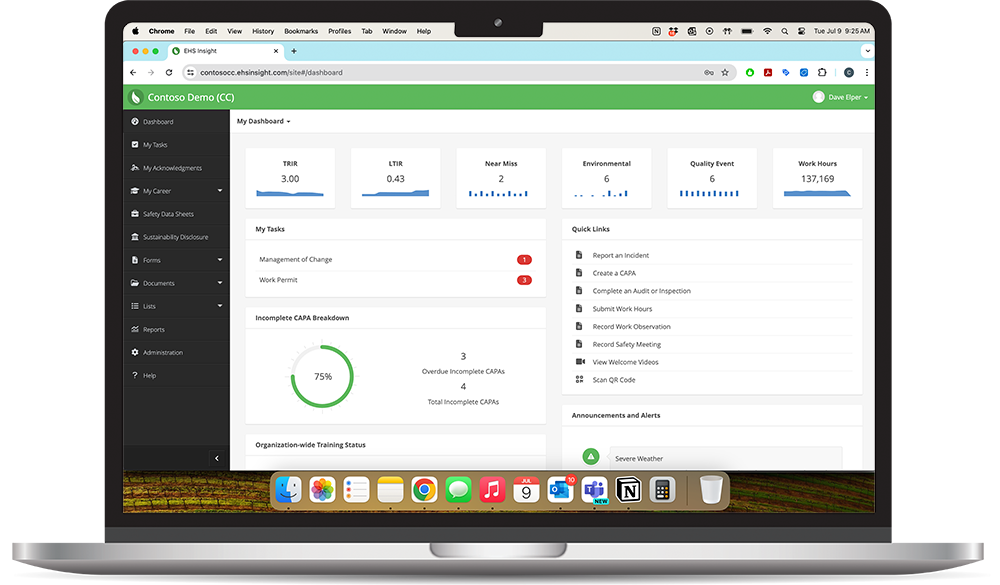 The Dashboard of the EHS Insight platform.